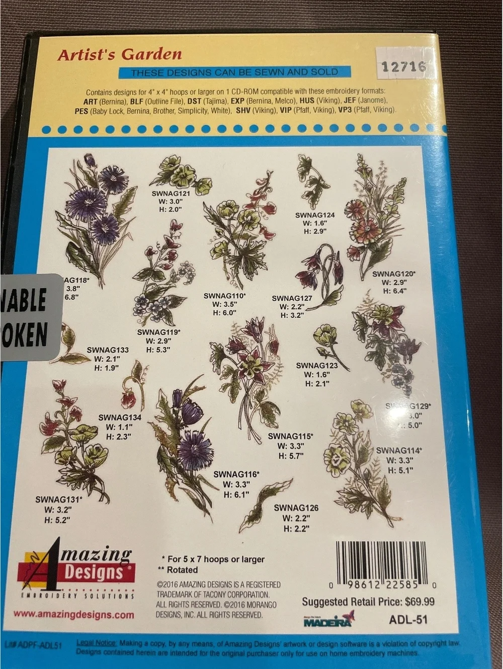 Amazing Designs Artist’s Garden ADL-51 Embroidery Designs CD 35 Floral NWT New